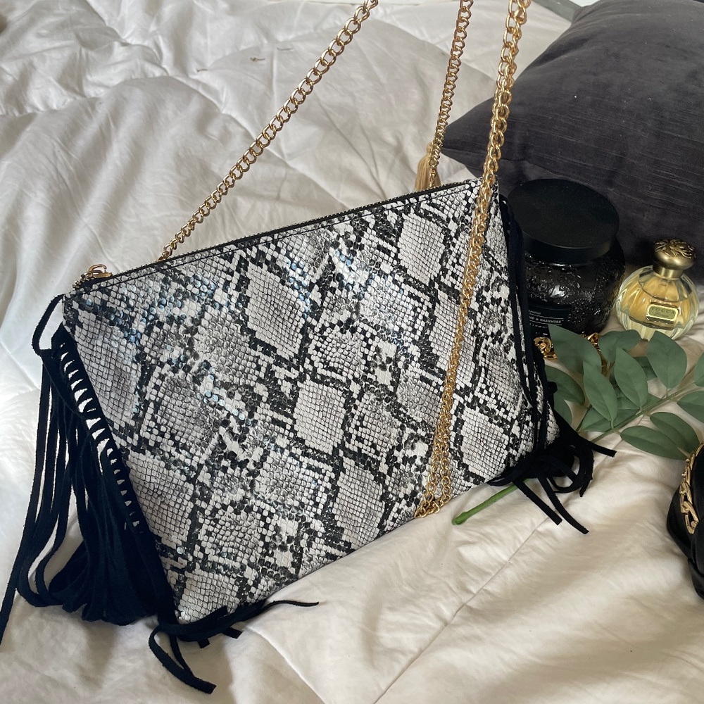 Long Gold Chained Crossbody Faux Snake skin Bag W/ Fringe